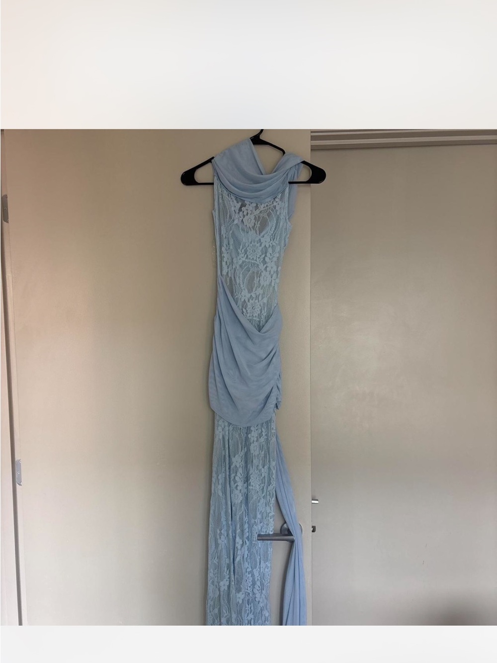 Elegant Light Blue Lace Draped Evening Dress